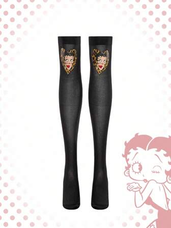 Betty Boop | ROMWE 1 Pair Fashionable Cute & Leopard Print Heart Thigh High Socks, Suitable For Travel, Shopping, Commuting, A Great Gift For Women