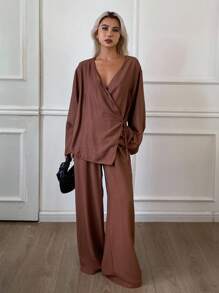 Livesso 2 piezas Conjunto de top de manga larga con cintura ceñida y pantalones casuales para mujer - Marrón - Ver 4