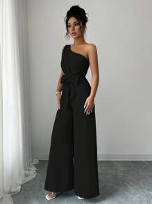 Elenzga Elegant Commuter Solid Color Jumpsuit - Black - View 3
