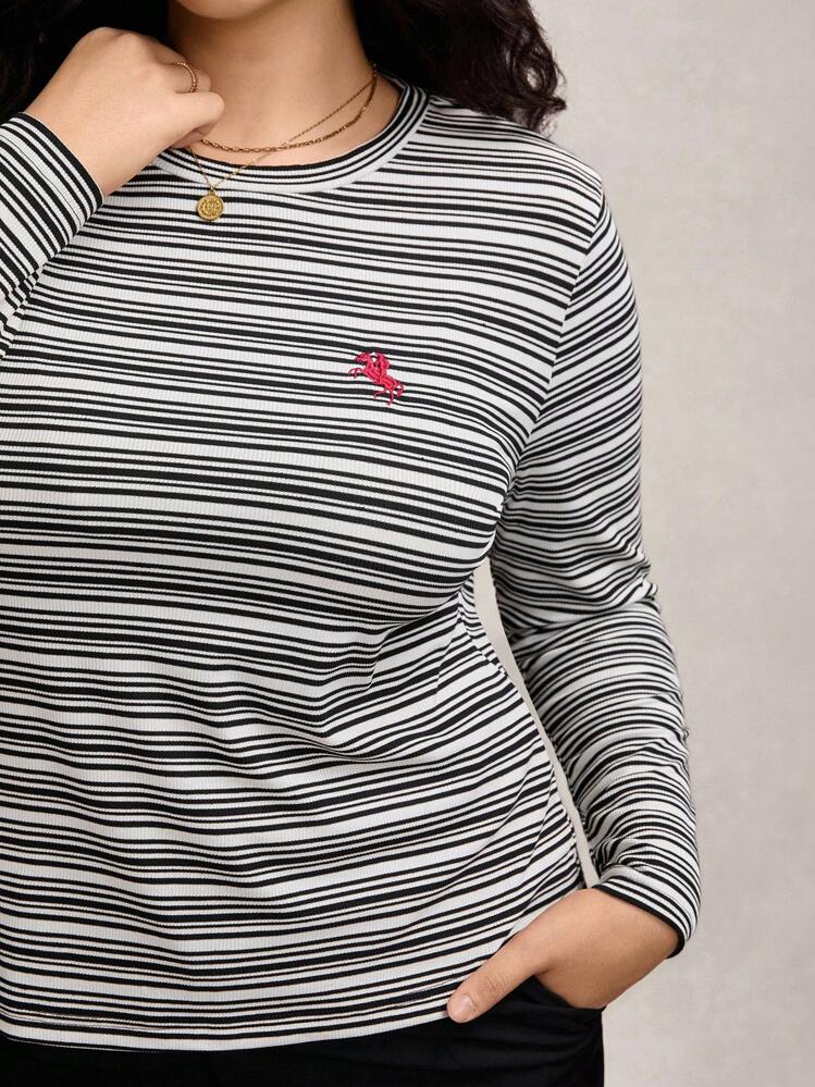 Zelara Plus Size Women's Casual Striped T-Shirt With Knight Embroidery, Long Sleeve, Round Neck  Work/Office Chic Going Out - Black and White - View 7