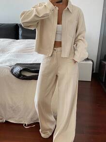 Livesso Petite 女款翻領長袖上衣與長褲休閒街頭風日常丹寧套裝，秋季上班度假白色 - 白色 - 查看 4