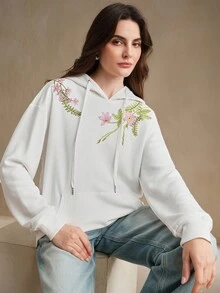 Anewsta Áo hoodie thêu hoa giản dị - trắng - Xem 4