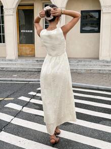SHEIN Frenchy Women's Floral Jacquard Deep V-Neck Tie-Waist Sleeveless Dress Summer Casual - Apricot - View 2