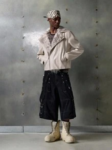 NEON BLANC Men's Patchwork Fuzzy Long Sleeve Zip-Up Moto Jacket, Fall/Winter, Couple Things - White - View 1