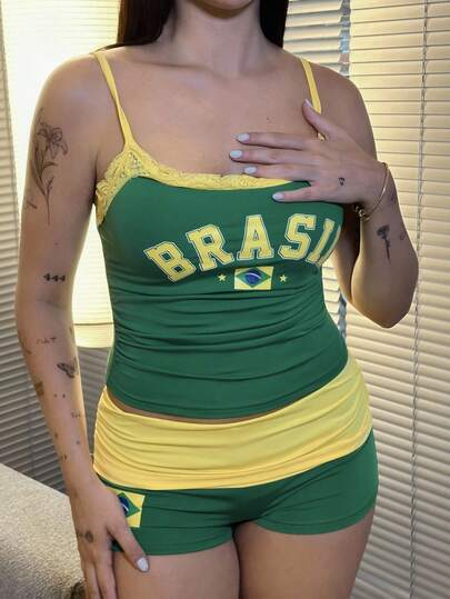 Lucia Bellido Women Green Camisole Top And Shorts 2 Pieces Set, Simple Fashion Casual Everyday Wear