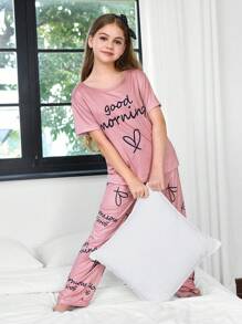 SHEIN 女童爱心字母印花休闲短袖睡衣套装 - 珊瑚橙 - 查看 2