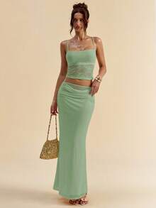 SHEIN BAE 女士蕾丝露背吊带背心和半身裙两件套，夏季 - 薄荷綠 - 查看 2