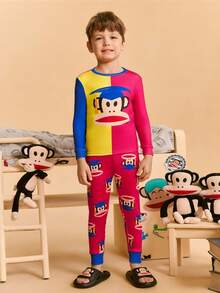 Paul Frank X SHEIN 2 件套小男孩卡通图案拼色圆领长袖上衣和裤子舒适弹力贴身睡衣套装 - 彩色 - 查看 4