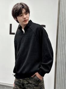 DAZY 男士纹理面料复合抓绒半拉链套头卫衣，秋冬季 - 黑色 - 查看 5