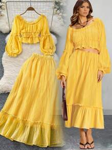 SHEIN Unity 大码女式欧根纱褶饰圆领荷叶边上衣和半身裙两件套套装