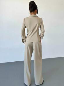 Firerie Women's Elegant Casual/Office/Formal Khaki Asymmetrical Lapel Metal Button Tie Waist Asymmetrical Hem Long Sleeve Blazer And Wide Leg Pants Suit In Fall/Winter - Khaki - View 3