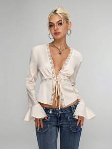 Flirla Women's Elegant Solid Color Lace Trim Tie Front Flare Sleeve Blouse Fall Cloth For Women - White - View 1