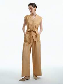 Aalyst Elegancki damski kombinezon do pracy, swobodny, wygodny, uroczy, retro, minimalistyczny, bez rękawów, z dekoltem w serek, luźny, prosty, z szerokimi nogawkami, duża kieszeń, pasek w pasie, jednolity kolor