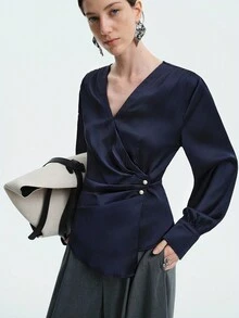 Aalyst Women's Long Sleeve Shiny Fabric Office Commute Blouse, Waist Design, Minimalist Solid Navy Color, Asymmetric Hem Fall Cloth For Women