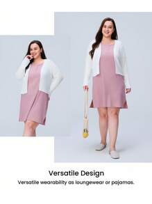 LUVLETTE Soft Cotton Plus Women Misty Forest Style Pink Soft Ribbed Cotton Round Neck Pajamas Dresses Vestidos Casuales De Mujer Lingerie As Outerwear Cozy At Home Bridal Intimates& Pyjamadressing - Pink - View 7