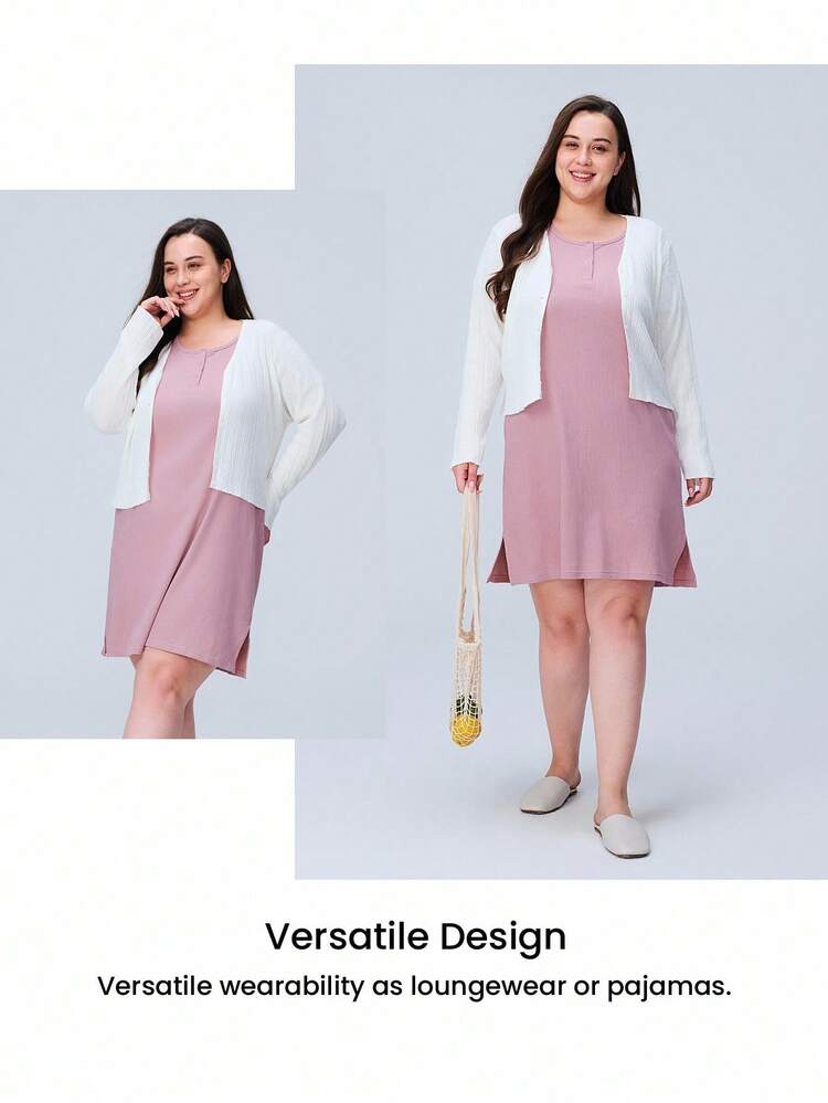 Vestido de Pijama de Algodão Macio Plus Size Estilo Floresta Nebulosa Rosa, Algodão Canelado de Gola Redonda, Roupa Íntima e de Dormir Confortável em Casa, Lingerie Nupcial