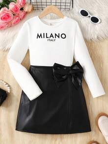 SHEIN Tween Girl Fashion Casual 2 Pieces Set: Knit Letter Graphic Print Crew Neck Long Sleeve Fitted T-Shirt + PU Leather Solid Bow Decor Snug Fit Mini Skirt, Autumn/Winter Outfit Bow Skirt Black And White Skirt Girl Outfit Black And White - Black and White - View 3
