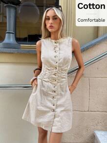 Siren Gaze Women's Solid Color Single-Breasted Waist Ruched Casual Sleeveless Mini Dress Summer