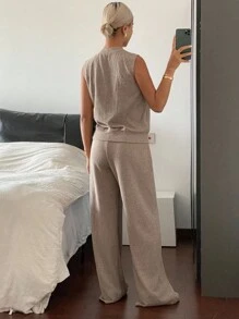 DAZY Women's Crew Neck Sleeveless Top And Loose Fit Pants 2 Pieces Set Lounge Sets For Women - Khaki - View 2