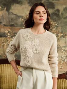 Anewsta Women's Handmade Embroidered & Rhinestone Embellished Crew Neck Long Sleeve Sweater, Autumn/Winter - Apricot - View 6