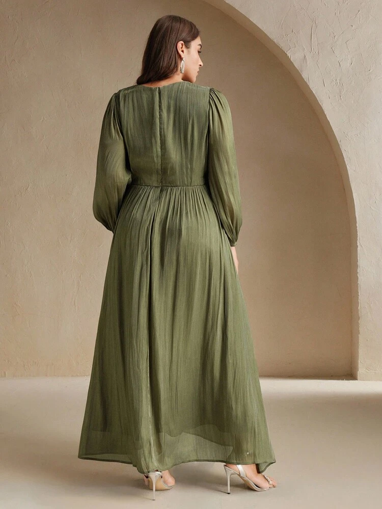 Robe longue brillante vert olive grande taille pour femmes, col rond, taille froncée, manches bouffantes, élégante et polyvalente