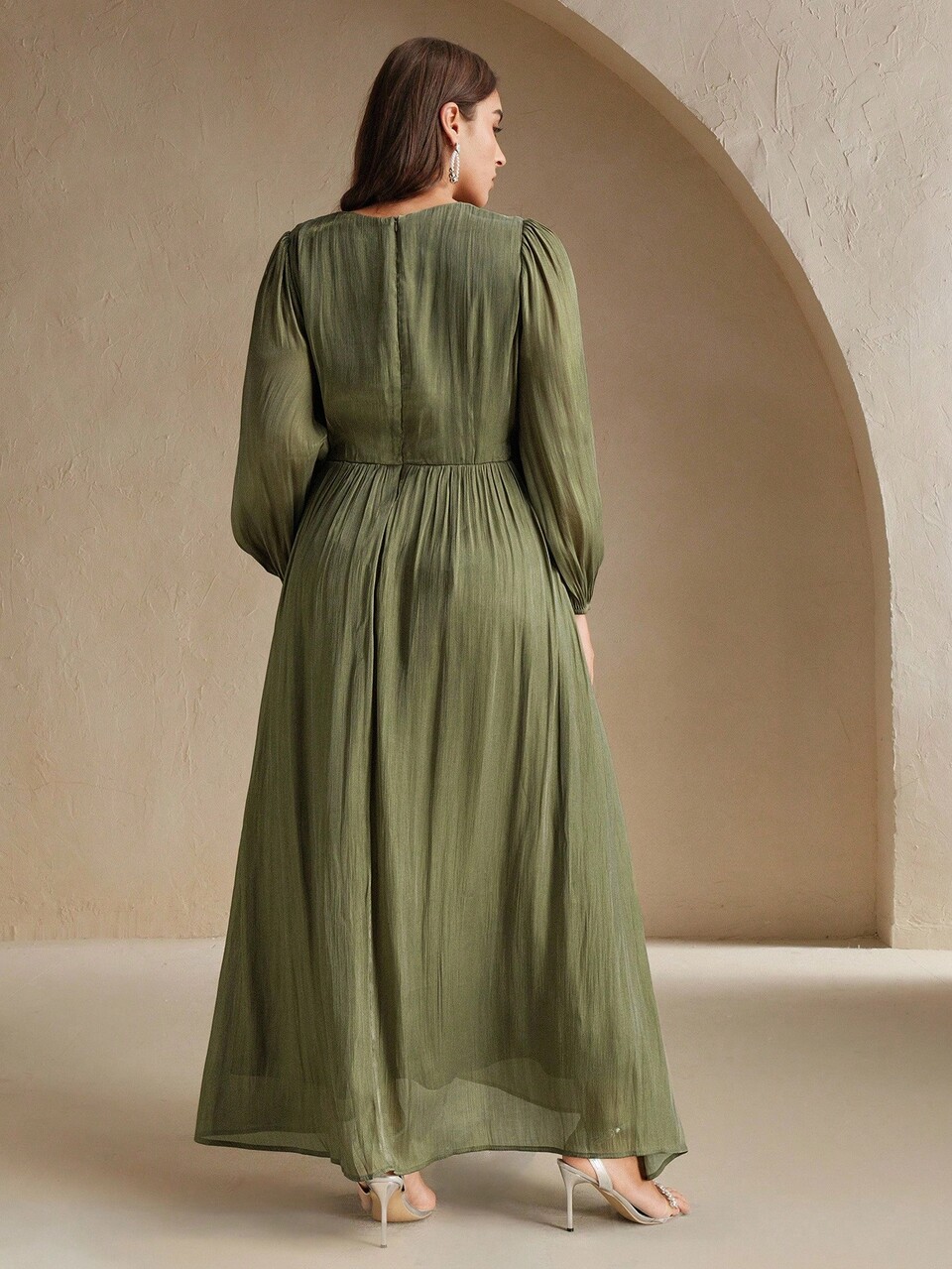 Women's Plus Size Olive Green Shiny Long Dress, Round Neck, Waist Ruched, Puff Sleeve, Elegant & Versatile