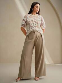 Anewsta 大码女式刺绣圆领短袖时尚针织上衣 - 白色 - 查看 3