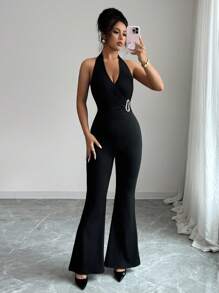 Chiquease Women Metal Button Knitted Jumpsuit - Black - View 5