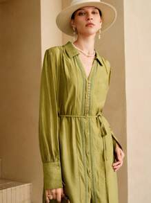 SHEIN LUNE Women's Elegant Commuter Long Sleeve Cinched Waist French Casual Maxi Dress Fall Women Clothes Fall Outfits Women Fall Autumn Clothes - Green - View 3