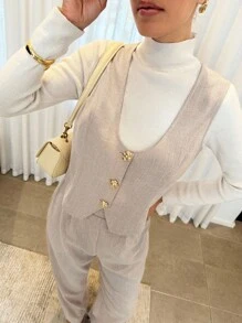 Lavishia 杏色罗纹针织低弹力U领修身腰背心外套+修身裤（带口袋）女款两件套，适合日常通勤和分层穿着 - 杏色 - 查看 3