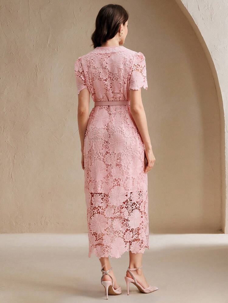 ピンクエレガントなコミューター ローズレース ホロー 半袖 ウエストシンチ レディースドレス、ベルト付き