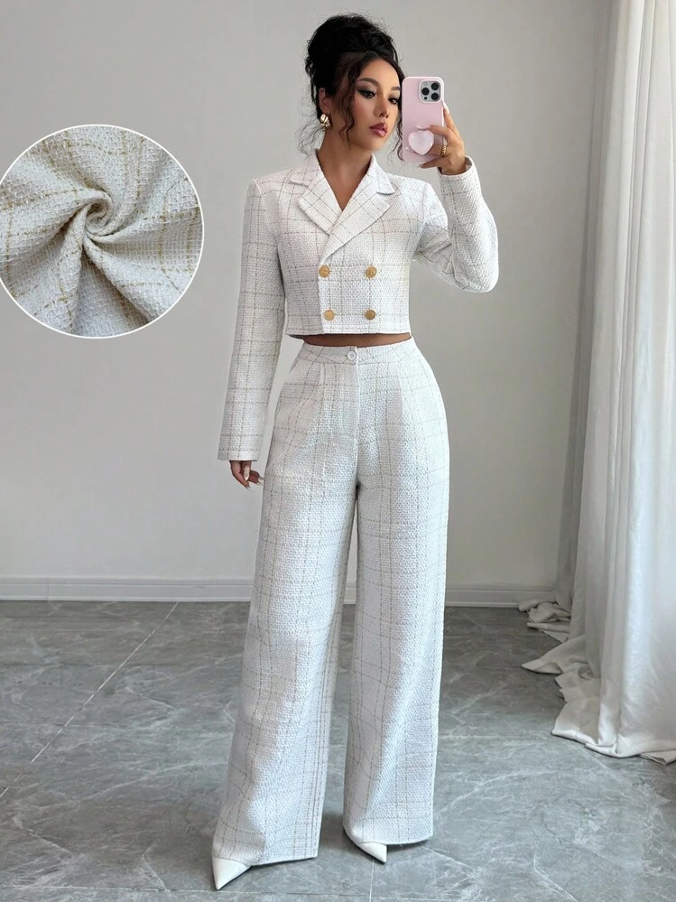 Elenzga Ensemble 2 pièces femme, veste blazer courte élégante et sophistiquée pour le bureau, et pantalon droit, adapté pour l'automne/hiver, les occasions formelles comme Halloween, Noël, la Fête nationale saoudienne, le Nouvel An, la remise des diplômes, les mariages, le cosplay