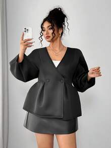 Elenzga Chaqueta elegante de mujer de talla grande con cuello en V, unicolor, manga abullonada y botones - Negro - Ver 6