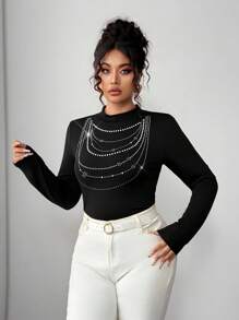 Elenzga Halloween Plus Size Women's Autumn/Winter New Stylish Versatile 3D Pearl Embellished Mock Neck Knit Sweater Top Fall Cloth For Women - Black - View 1