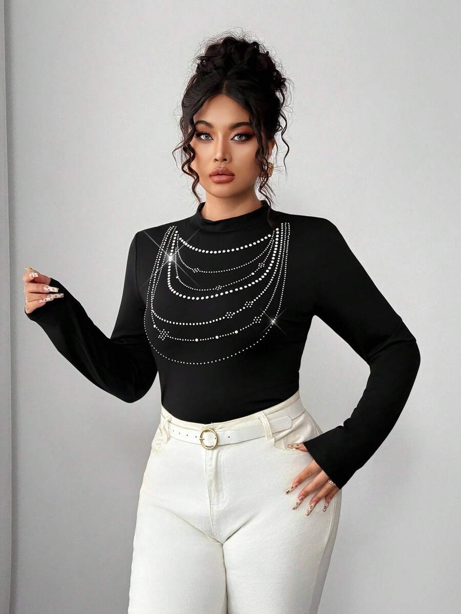 Elenzga Halloween Plus Size Women's Autumn/Winter New Stylish Versatile 3D Pearl Embellished Mock Neck Knit Sweater Top Fall Cloth For Women - Black - View 1