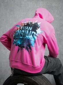 GODZILLAxKONG X SHEIN Áo hoodie có mũ rút túi họa tiết chữ cái thường ngày dành cho nam - Hồng - Xem 1