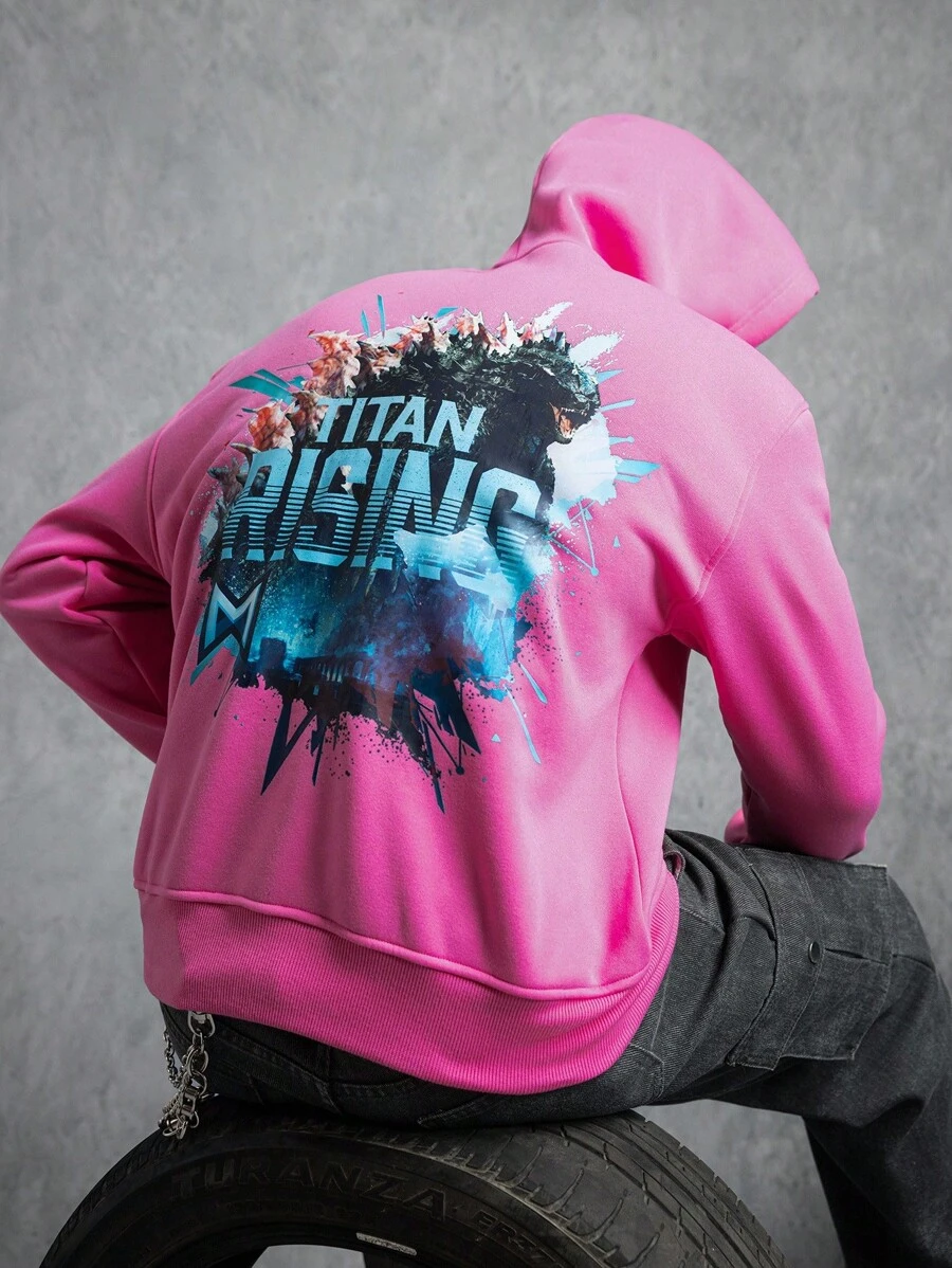 GODZILLAxKONG X SHEIN Áo hoodie có mũ rút túi họa tiết chữ cái thường ngày dành cho nam - Hồng - Xem 1