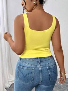 SHEIN PETITE Camiseta de tirantes amarilla de talla grande para mujer con cuello cuadrado y plisados, ajustada