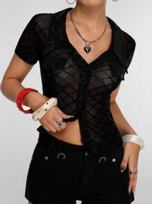 Flirla Women's Plaid Mesh Single-Breasted Short Sleeve Fitted Shirt - Black - View 6