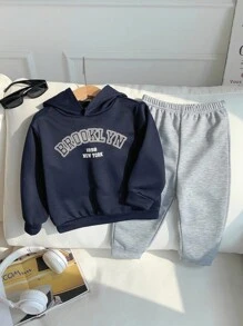 男婴/女婴休闲舒适百搭字母印花长袖连帽衫和抽绳裤套装，适合生日派对、洗礼、1 岁生日庆祝、晚会、表演、婚礼等场合 - 彩色 - 查看 3