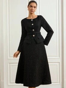 Aveloria Rosie 2 件套法式优雅衬衫和高腰 A 字长裙套装，修身黑色晚礼服 - 黑色 - 查看 6