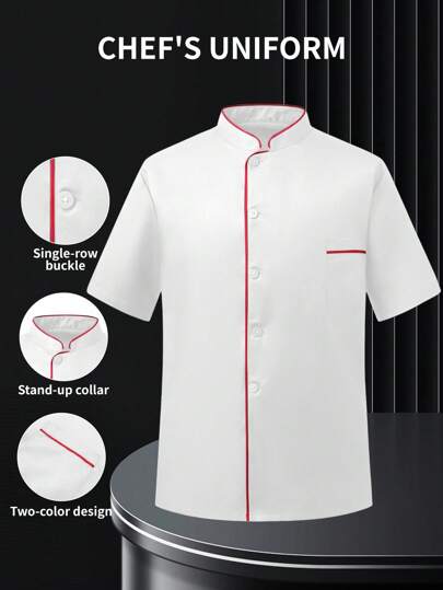 Manfinity Homme Men's Stand Collar Trim Short Sleeve Single-Breasted Chef Shirt Men White Casual Shirts Chef Jacket Men Japanese Shirt Men