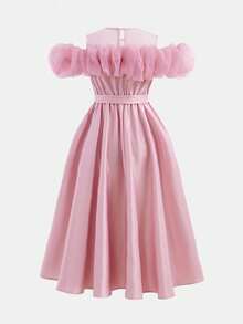 Tween Girl 优雅粉色网眼和欧根纱露肩连衣裙