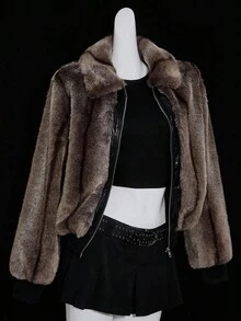 SHEIN ICON Abrigo de mujer con cremallera de estilo retro de piel sintética, elegante para otoño/invierno, abrigo de piel, abrigo de peluche