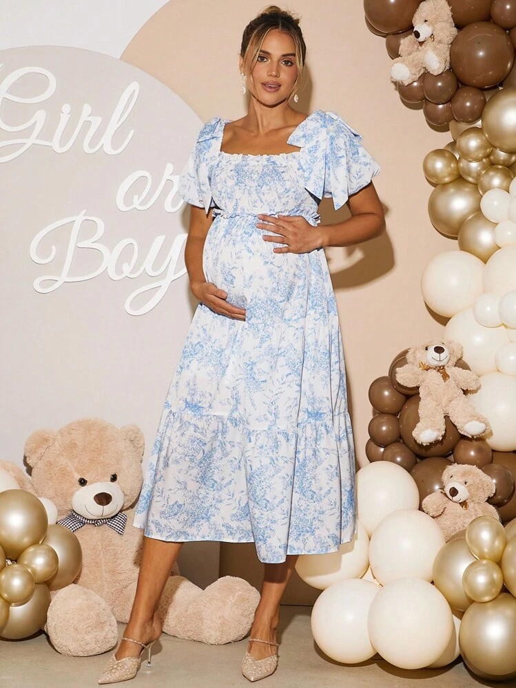 blue floral baby shower dress Loomaby Maternity White Summer Elegant Flowy Dress,Floral Print Square Neck Puff Sleeve Bow Decor Ruffle Hem Loose Gender Reveal Dress,Blue going out Style effortless dress Shona Joy - La Size:Extra Small