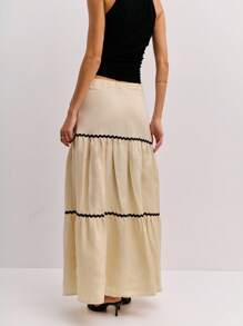 Nöista Maxi Skirt In Cream Color With Contrast Black Trimmings, Beige, Autumn, Elegant, Brunch, Summer Vacay Holidays Vacation Casual Luxury - Apricot - View 2