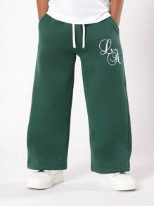 SUMWON Pantalones de chándal con logo de guión de Los Ángeles, ajuste cómodo de pierna ancha, pantalones de invierno, ropa de equipo juvenil, ropa de espíritu escolar de otoño - Verde Oscuro - Ver 2