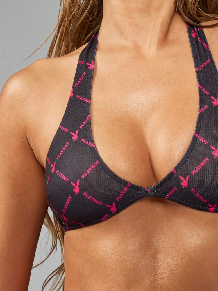 Missguided x Playboy All Over Print Halter Neck Lingerie Set With Thong Undergarment Modern Pattern Bra And Panty Summer Spring Collection Mid Rise Halter Bikini