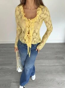 Siren Gaze 黄色蕾丝上衣返校季女式蕾丝系带蝴蝶结长袖黄色上衣复古风格返校季教师女装冬季女装秋季复古奶油黄夏季 - 黃色 - 查看 2