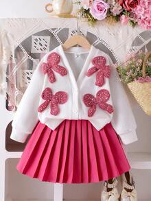 女童针织柔软毛绒开衫，饰有蝴蝶结和珍珠，搭配百褶裙套装，粉色，适合春秋冬季穿着的可爱女童装。 - 粉色 - 查看 3